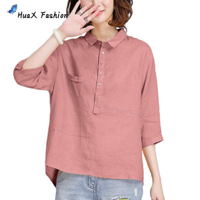 HuaX Women Cotton Linen T Shirt Summer Three Quarter Sleeve Lapel Blouse