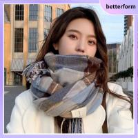 BETTERFORM อบอุ่นและอบอุ่น ผ้าพันคอลายสก๊อตฤดูหนาว ออกแบบลายพิมพ์ นุ่มนุ่มๆ ผ้าพันคอพู่ยาว สง่างามเรียบหรู พาชมินา ผ้าคลุมไหล่แบบพัน สำหรับผู้หญิง