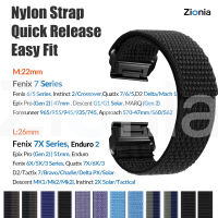 Zionia สายนาฬิกา 26มม. 22มม ไนลอน Quick Fit สำหรับ Garmin Fenix 7X 7 6X 6 Pro 51mm Sapphire Solar 5X 5 Plus 3 Quatix Enduro Forerunner 935 945 MARQ D2 Mach 1 Tactix Bravo Charlie Delta PX Descent G1 Mk1 Mk2 Approach S70 47mm S60 S62 Instinct epix Gen 2