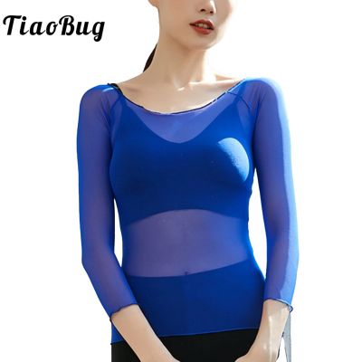 【cw】 Womens Mesh See Through Crop Sleeve Ballet T Shirt Blouse Top Workout Gymnastics Practice Cover Up