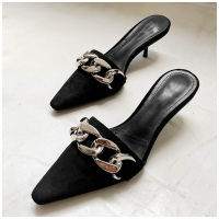 Bailamos 2021 Spring Women Mules Shoes Fashion Metal Chain Slip On Slipper Casual Outdoor Low Heel Slides Pointed Toe Pumps