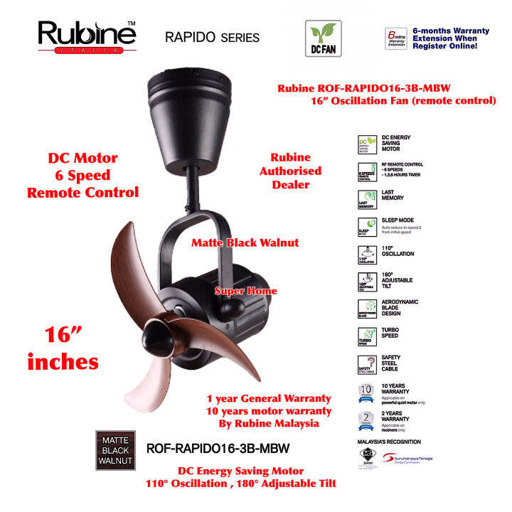 Rubine Fan Oscillation Fan ROFRAPIDO163B Remote Control DC Energy