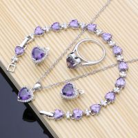 HotRomantic Heart Shaped Silver 925ชุดเครื่องประดับสำหรับผู้หญิงสีม่วง Amethyst ต่างหูแหวน Confession Girl สร้อยคอชุด Dropshipping