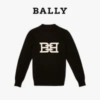 BALLY เสื้อสเวตเตอร์ผ้าฝ้ายพิมพ์ลายทรงหลวมคอกลมแขนยาวสีดำสำหรับผู้ชายรุ่นเดียวกับแบร์รี่