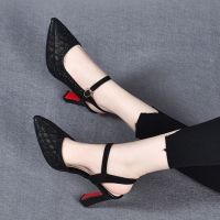 2023 new summer sandals women pointed with gauze of fine hot drill a word buckle hollow high heels