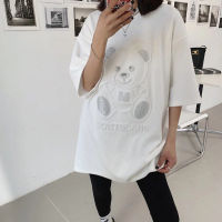 Hot Rhinestone T-shirt Womens Short Sleeve Plus Size Summer Bear Half Sleeve Top Loose Mid-length Tshirt Diamonds Graphic Tee