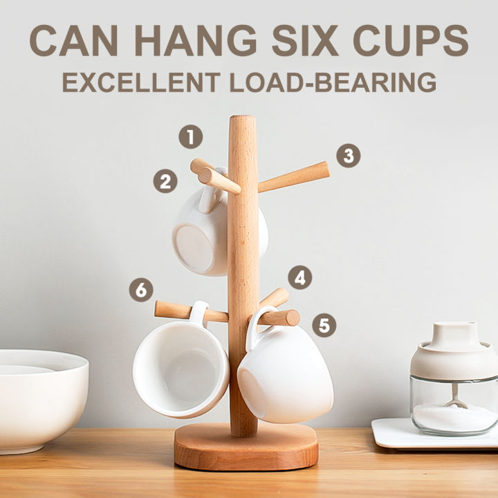 Wooden Mug Drying Tree Holder 6 Hooks Tea Coffee Cup Rack Display