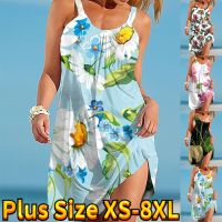 【hot】 Womens Round Neck Skirt Print Knee-length Street Sleeveless Sundress