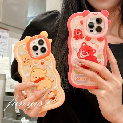 🥳Hot Sale🌈 Compatible For iPhone 14 13 12 11 Pro Max 8 7 Plus X Xs SE2020 Xr Xs Max 6 6s Plus Cute Cartoon Winnie Bear Strawberry Little Monster Lens Wavy Edge Phone Case TPU Soft Back Cover