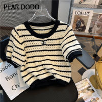 PEAR DODO เสื้อเชิ้ตลายแขนเสื้อสั้นถักสำหรับผู้หญิงสไตล์เกาหลีวินเทจ