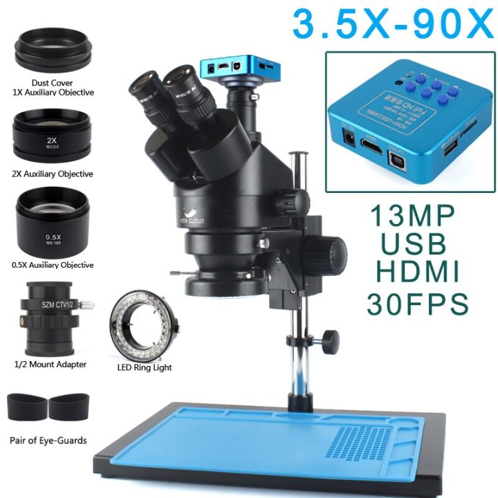 7x-45x-simul-focal-stereo-trinocular-zoom-microscope-4k-2k-48mp-hdmi-usb-vga-microscope-camera-set-with-auxiliary-objective-lens