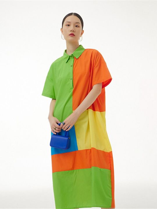 xitao-dress-color-block-casual-fashion-women-shirt-dress