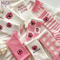 NICK นิกถุงเท้าสตรีการ์ตูนสตรอเบอร์รี่สีชมพูถุงเท้าหมีท่อในท่อยาวน่ารัก