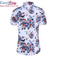 COZY ผู้ชายแขนสั้นเสื้อดอกไม้ Batik Slim เส้นใยโพลีเอสเตอร์นุ่มสบายสไตล์ฮาวาย