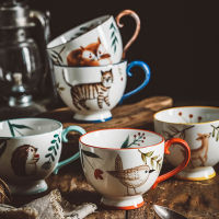 Hand Painted Porcelain Cat Fox Bird Hedgehog Deer Mugs Microwave Safe Vintage Kitchen Drinkware Cute Coffee Milk Oatmeal Tea Cup