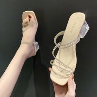 Transparent High Heels Women sandals Summer Party Shoes Celebrity Wearing Simple Style PVC Clear Strappy Bling Square Heel Women