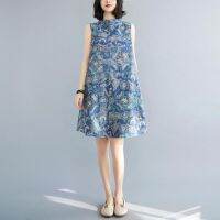 New Summer Printed Cheongsam Sleeveless Round Neck Buckle Loose Dress Mid-length Floral A-line Skirt Haberdashery