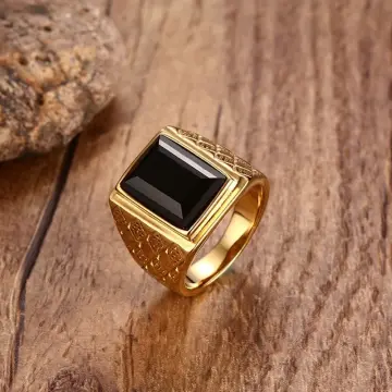 Mens gold signet sale ring with black stone