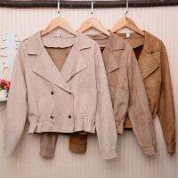 Deerskin เสื้อโค้ทกำมะหยี่ผู้หญิง,เสื้อโค้ทสั้นฤดูใบไม้ร่วงฤดูหนาวแจ็คเก็ตหนังมีปกแขนยาวขอบหู