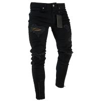 【CC】✤๑✹  Stretch Bottom Jeans Men Knee Ripped Distressed Hole Biker Pants Hip Hop Street Big Size XXXL