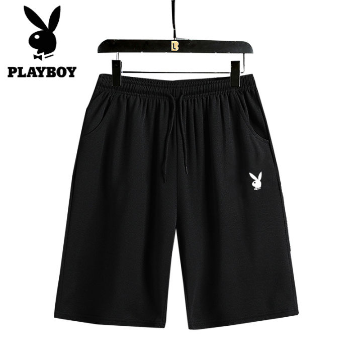 playboy-กางเกงขาสั้นผู้ชาย-กางเกงกีฬาวัยรุ่นกางเกงบาสเก็ตบอลอินเทรนด์แฟชั่นสีดำใส่สบายหล่อสำหรับฤดูร้อน