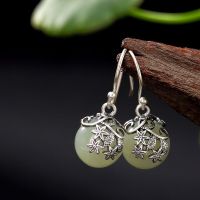 Natural Hotan Yuqing Water Ball Womens Earrings s925 Sterling Silver Anti allergy Vintage Worn out Silver Earrings JWKB JWKB