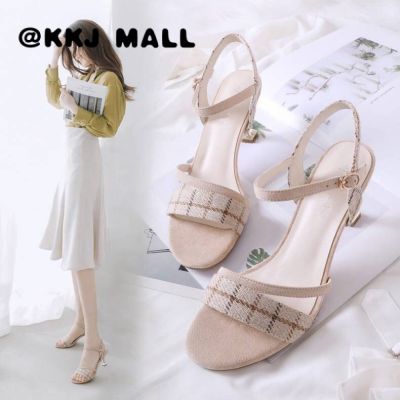 KKJ MALL Womens Shoes 2021 Summer New Plaid Sandals Female One-word Buckle High Heels Summer Fine-heeled Womens Shoes Fashion Trend All-match Shoes
