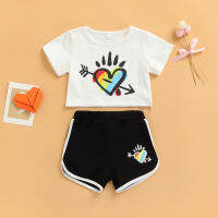 【Forever CY Baby】Kid Baby Girl Summer Clothes Set, Cartoon Heart Shape Print Short Sleeve Round Neck T-Shirt + Elastic-Waist Shorts