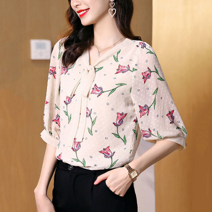 Korean Fashion Women Floral Chiffon Balloon Sleeve Casual Tops Blouse Shirts