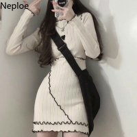 Neploe Women Dress Knit Robe Long Sleeve Mini Dresses Korean Bodycon Pencil Dresses Fashion Y2K Sweater Vestidos Ruffle Clothes