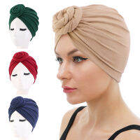 ผู้หญิง Turban ผ้าฝ้าย Top Knot ดอกไม้ Decor Headwrap มุสลิมสุภาพสตรีผม Beanie Head Wear สีทึบอินเดียหมวก Accessories