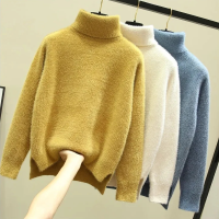 Elegant Loose Autumn Turtleneck Pullovers Female Korean Long Sleeve Mink Fleece Sweater Fashion Side Split Women Knitwear Top