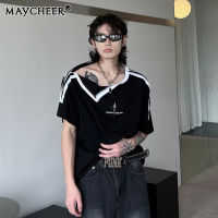 MAYCHEER Cityscape เสื้อแขนสั้นฮิปสเตอร์,เสื้อยืดคอกลมมีซิปเสื้อไหล่เปิดผ้าโปร่งสองชั้นเสื้อยืดบุคลิกภาพ