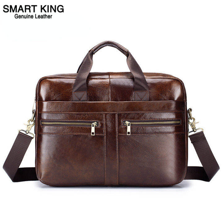 Smart King ใหม่สำหรับผู้ชายกระเป๋าเอกสารหนังวัวแท้วินเทจกระเป๋าถือกระเป๋าสะพายสลิงความจุขนาดใหญ่