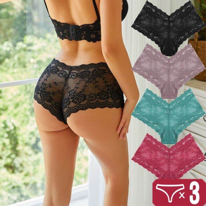 COD DSFERGWETERW Women Lace Boy Short Panties 3Pcs/set Low-Rise Underpants  S-XL Ladies Floral Underwear Sexy Panties Comfortable Lingerie