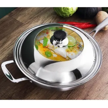 34cm Multifunctional Cooking Wok Pan Lid Stainless Steel Pan Cover Visible  Replaced Lid for Frying Wok Pot Dome Wok Cover