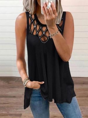 Summer New Sexy Hollow Hot Drilling Sleeveless Vest Solid Color T-Shirt Womens Casual Top O-Neck Fashion Oversize Tank Tshirts