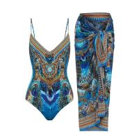 Fashion Vintage Art Blue Print Binding Design Split Swimsuit Bikini And Covering 2023 Summer Backless One-piece Swimwear Smock