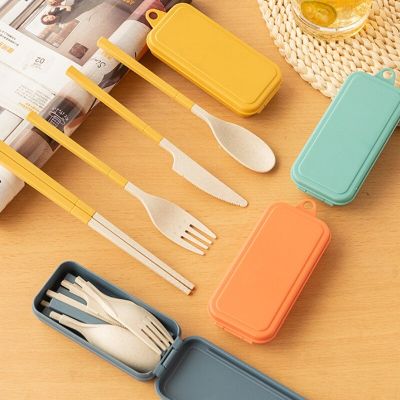 Cutlery Wheat Straw Portable Folding Knife Fork Spoon Chopsticks Four-piece Storage Box Travel School Cutlery Kitchen Tableware Flatware Sets
