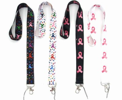 Hot selling Polyester Breast Cancer Logo Cell Phone Neck Lanyard Neck Straps Lanyards or Smartphone Key ID Card Keychain