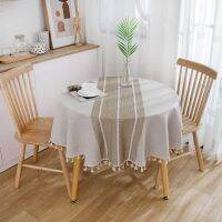 Hotel Cafe Home Art Decoration Round 150cm Japanese Style Khaki Grey Striped Linen Cotton Table Cloth Cover With Tassel