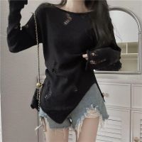 original Uniqlo NEW Black irregular hollow knitted sweater for women in autumn and winter new style long-sleeved slim fit round neck ripped sweater bottoming shirt