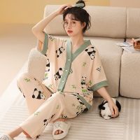 【JH】Summer Knitted Cotton Two Piece Panda Short Sleeved Women Pajamas Sets Pyjamas Ladies Sleepwear Cute Cartoon Pijamas M-5XL