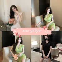 DD SHOPพร้อมส่ง 1A21 ชุดเดรสไหมพรมคอปก รัดเอวสไตล์เกาหลี น่ารักมี3สี