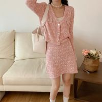 ♦❁ Limiguyue Luxury Knitted Cardigans Sweater Women Elegant High Waist Mini Skirts Suit Vintage Two Piece Set Knitwear Slim T118