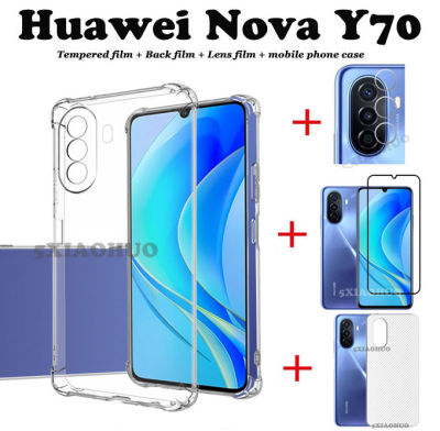 4 In 1 Huawei Nova Y70 Y70 Plus Y90 Nova 9 SE 8i 7i โปร่งใสกันกระแทกเคสโทรศัพท์ + กระจกนิรภัยแบบเต็มหน้าจอ + ฟิล์มเลนส์ + ฟิล์มด้านหลัง
