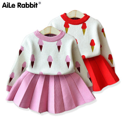 Girls Sweater Set 2019 New Autumn Girls Ice Cream Set Long-sleeved Sweater Top Skirt Two-piece Childrens Wear Kids Clothes Set