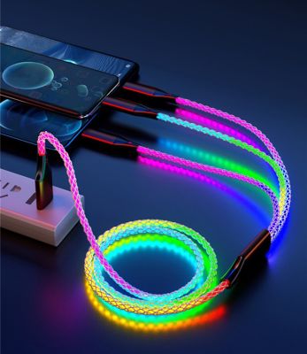 สายชาร์จเร็วแบบ3 In 1 RGB สายเคเบิ้ลไหลลื่นสีสันสดใสสายเรืองแสงสำหรับ Huawei Type-C USB C R