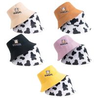 {You have a hat}Unisex หมวกลายการ์ตูนรูปวัวน่ารักหมวกปีกกว้างปักลายหมวกชาวประมงกันแดดสองด้านแบบกลับด้านได้