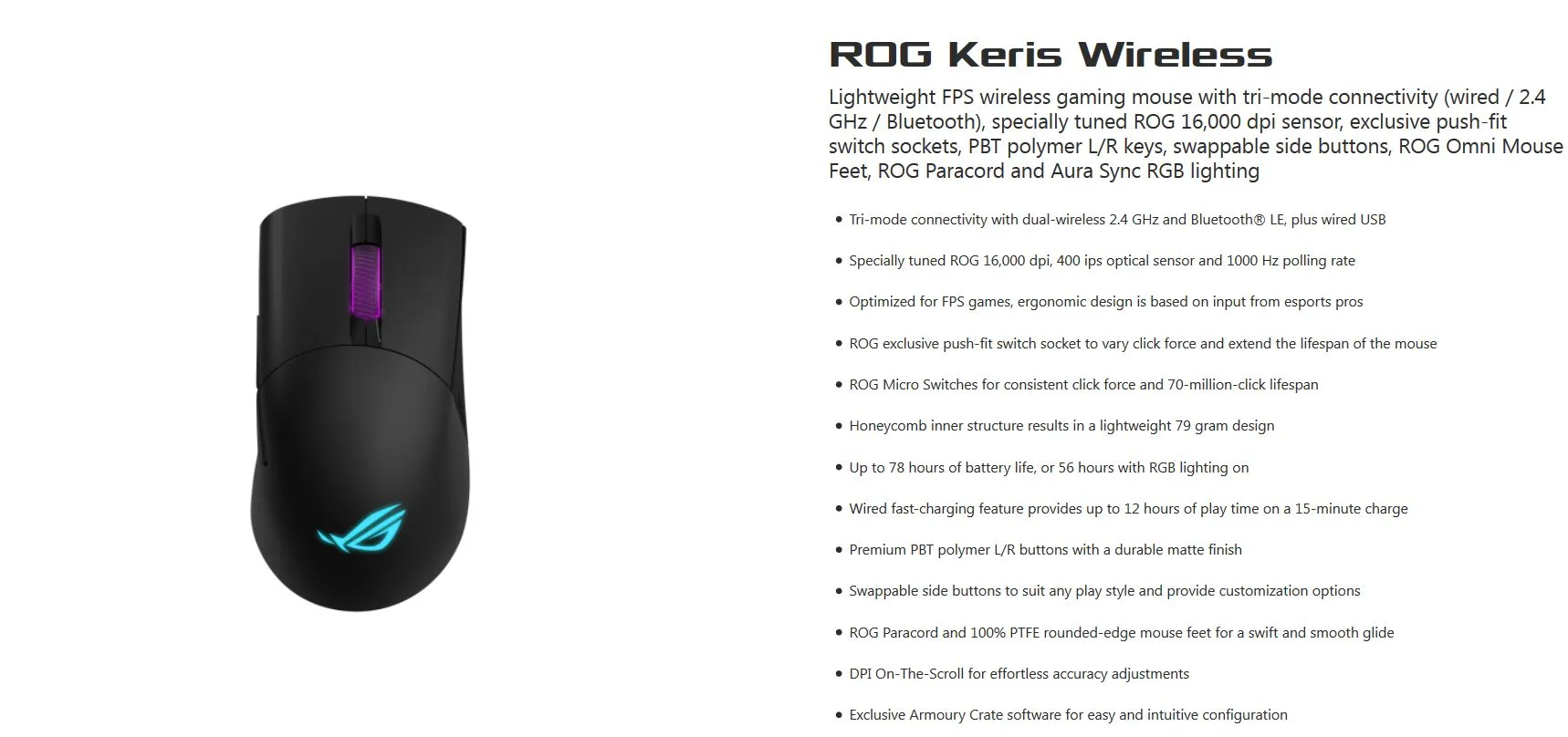 ASUS ROG Keris Wireless Lightweight Gaming Mouse (ROG 16,000 DPI sensor,  push-fit switch sockets, swappable side buttons, ROG Omni Mouse feet, ROG  Paracord and Aura Sync RGB lighting) 